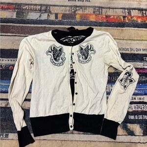 Banjo and Cake Women's Black and White skull Cardigan Sweater XL